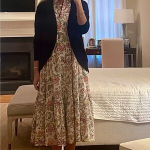 Cream Green Floral Midi Sundress V-neck Sleeveless